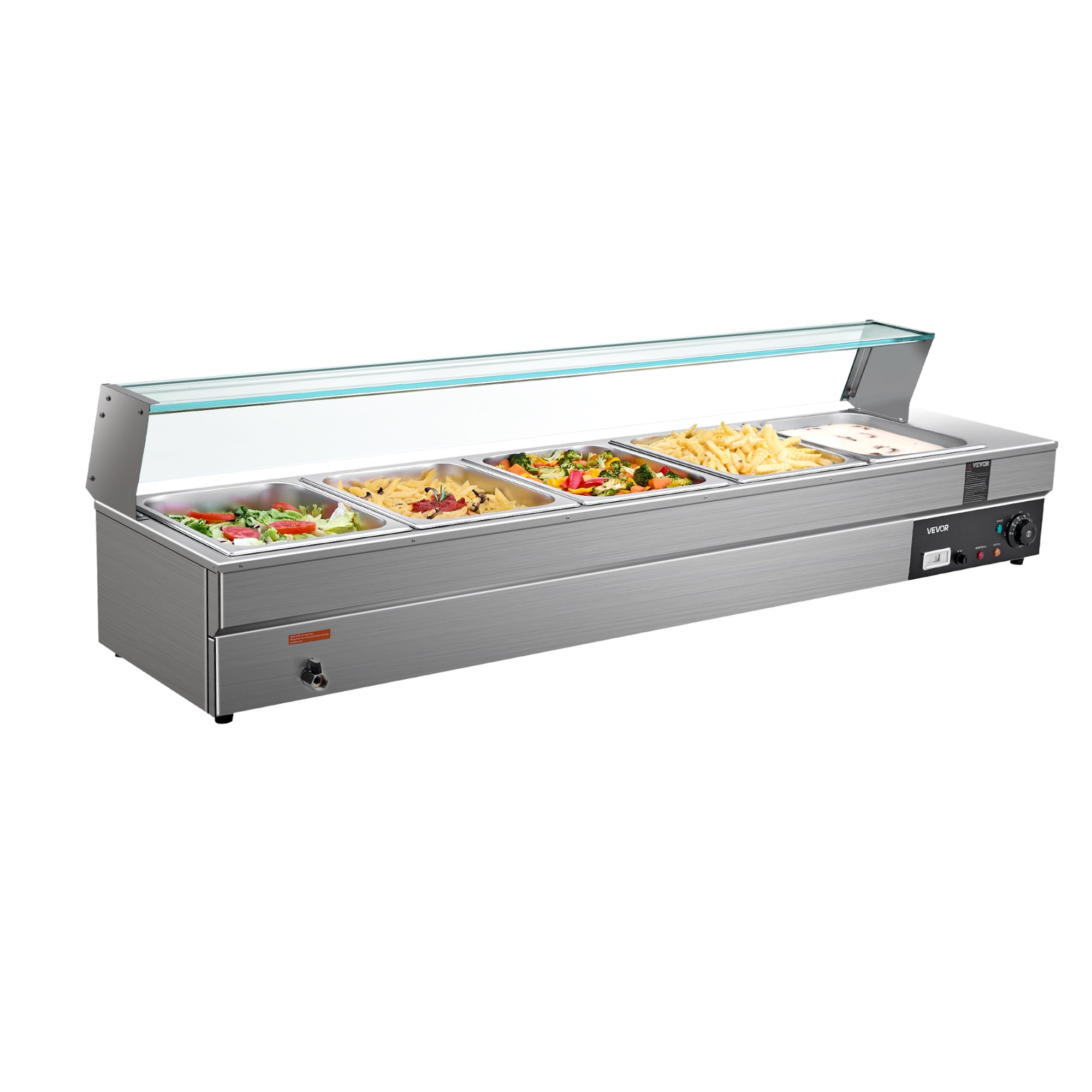 VEVOR 60QT Commercial Food Warmer, 5-Pan Electric Steam Table with Glass Cover, 1500W Countertop Stainless Steel Buffet Bain Marie with 86-185°F Temp Control for Catering, Buffet, Parties, Restaurants