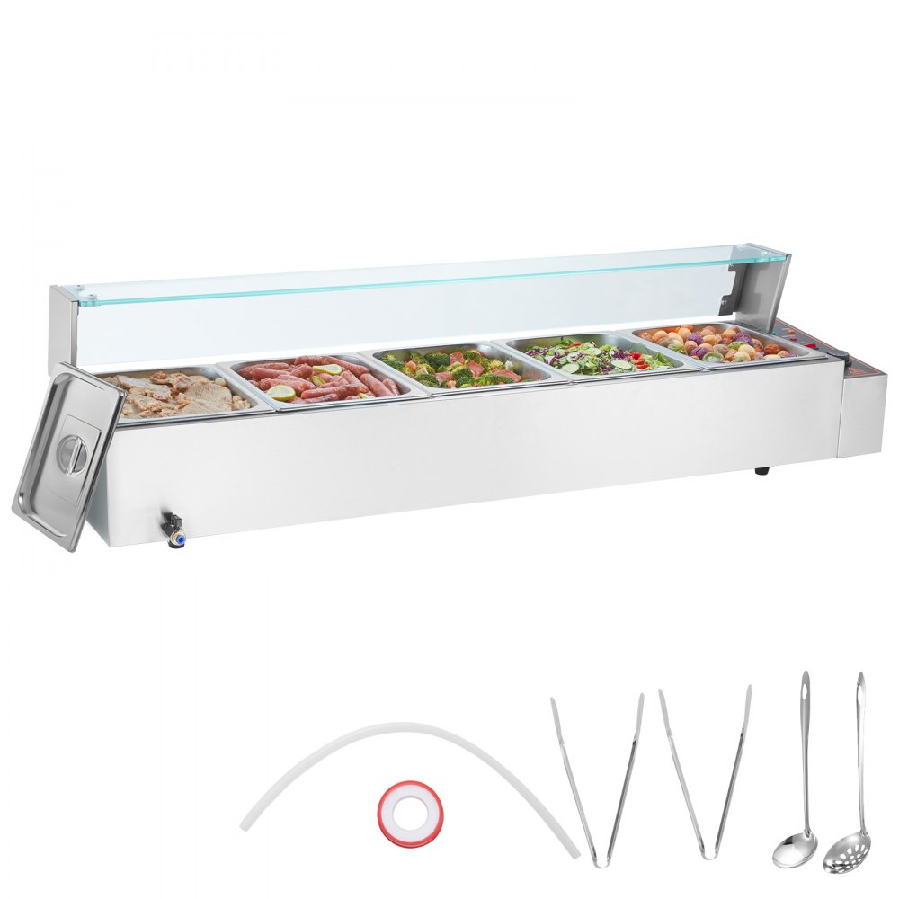 VEVOR Comercial Aquecedor Elétrico de Alimentos Buffet de Bancada 5*8Qt com Escudo de Vidro