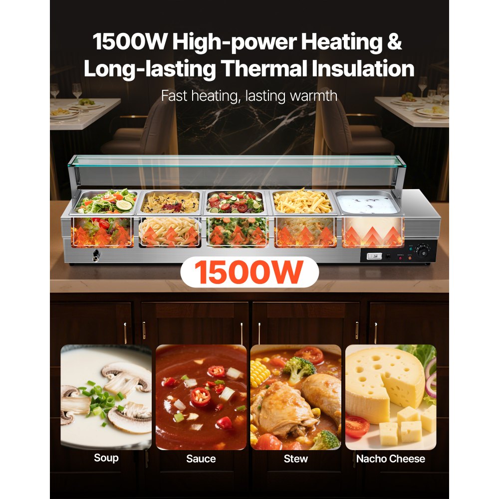 VEVOR Commercial Food Warmer, 5-Pan Electric Steam Table with Glass Cover, 1500W Countertop Stainless Steel Buffet Bain Marie with 30-85°C Temp Control for Catering, Buffet, Parties, Restaurants