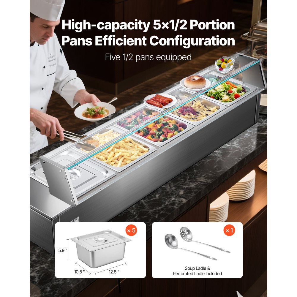 VEVOR Commercial Food Warmer, 5-Pan Electric Steam Table with Glass Cover, 1500W Countertop Stainless Steel Buffet Bain Marie with 30-85°C Temp Control for Catering, Buffet, Parties, Restaurants