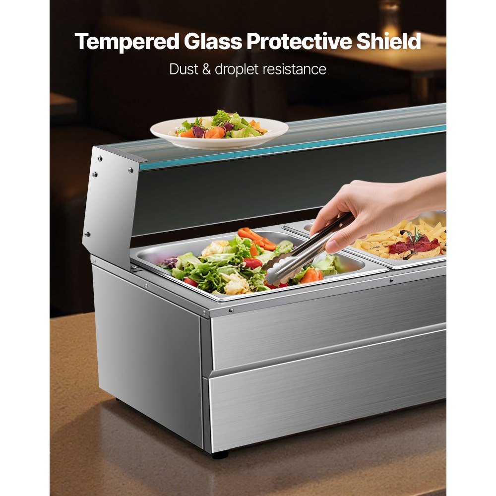 VEVOR Commercial Food Warmer, 5-Pan Electric Steam Table with Glass Cover, 1500W Countertop Stainless Steel Buffet Bain Marie with 30-85°C Temp Control for Catering, Buffet, Parties, Restaurants