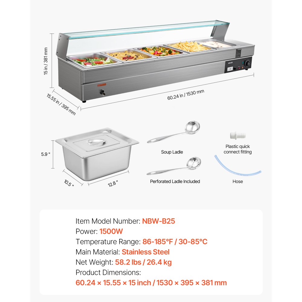 VEVOR Commercial Food Warmer, 5-Pan Electric Steam Table with Glass Cover, 1500W Countertop Stainless Steel Buffet Bain Marie with 30-85°C Temp Control for Catering, Buffet, Parties, Restaurants