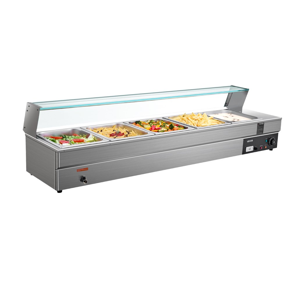 VEVOR Commercial Food Warmer, 5-Pan Electric Steam Table with Glass Cover, 1500W Countertop Stainless Steel Buffet Bain Marie with 30-85°C Temp Control for Catering, Buffet, Parties, Restaurants
