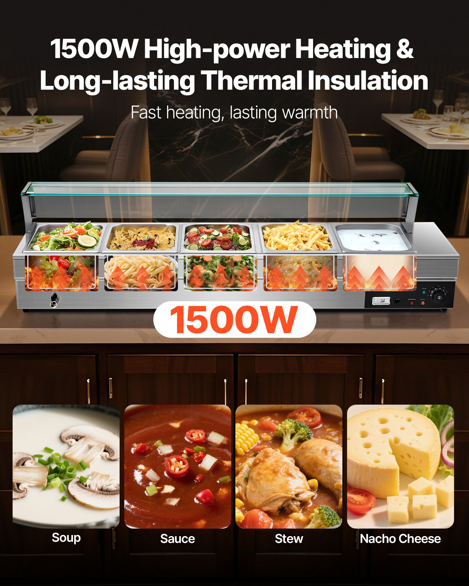 VEVOR Commercial Food Warmer, 5-Pan Electric Steam Table with Glass Cover, 1500W Countertop Stainless Steel Buffet Bain Marie with 30-85°C Temp Control for Catering, Buffet, Parties, Restaurants