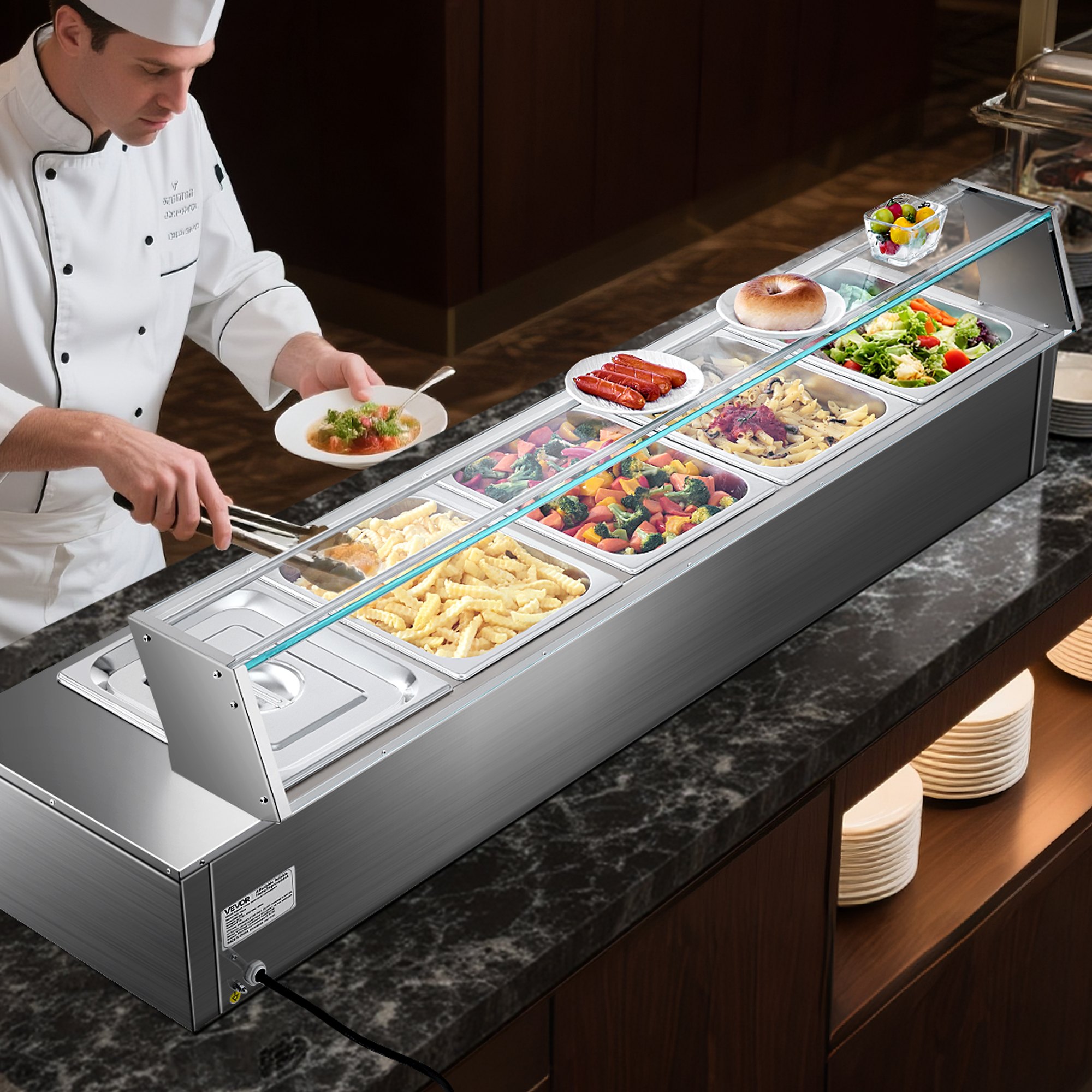VEVOR Commercial Food Warmer, 5-Pan Electric Steam Table with Glass Cover, 1500W Countertop Stainless Steel Buffet Bain Marie with 30-85°C Temp Control for Catering, Buffet, Parties, Restaurants