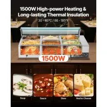 VEVOR Commercial Food Warmer 6 x 1/2 Size Pans Buffet Bain Marie with Glass Cover
