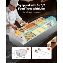 VEVOR Commercial Food Warmer 6 x 1/2 Size Pans Buffet Bain Marie with Glass Cover