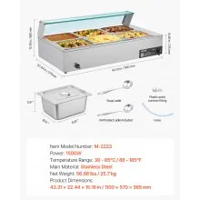 VEVOR Commercial Food Warmer 6 x 1/2 Size Pans Buffet Bain Marie with Glass Cover