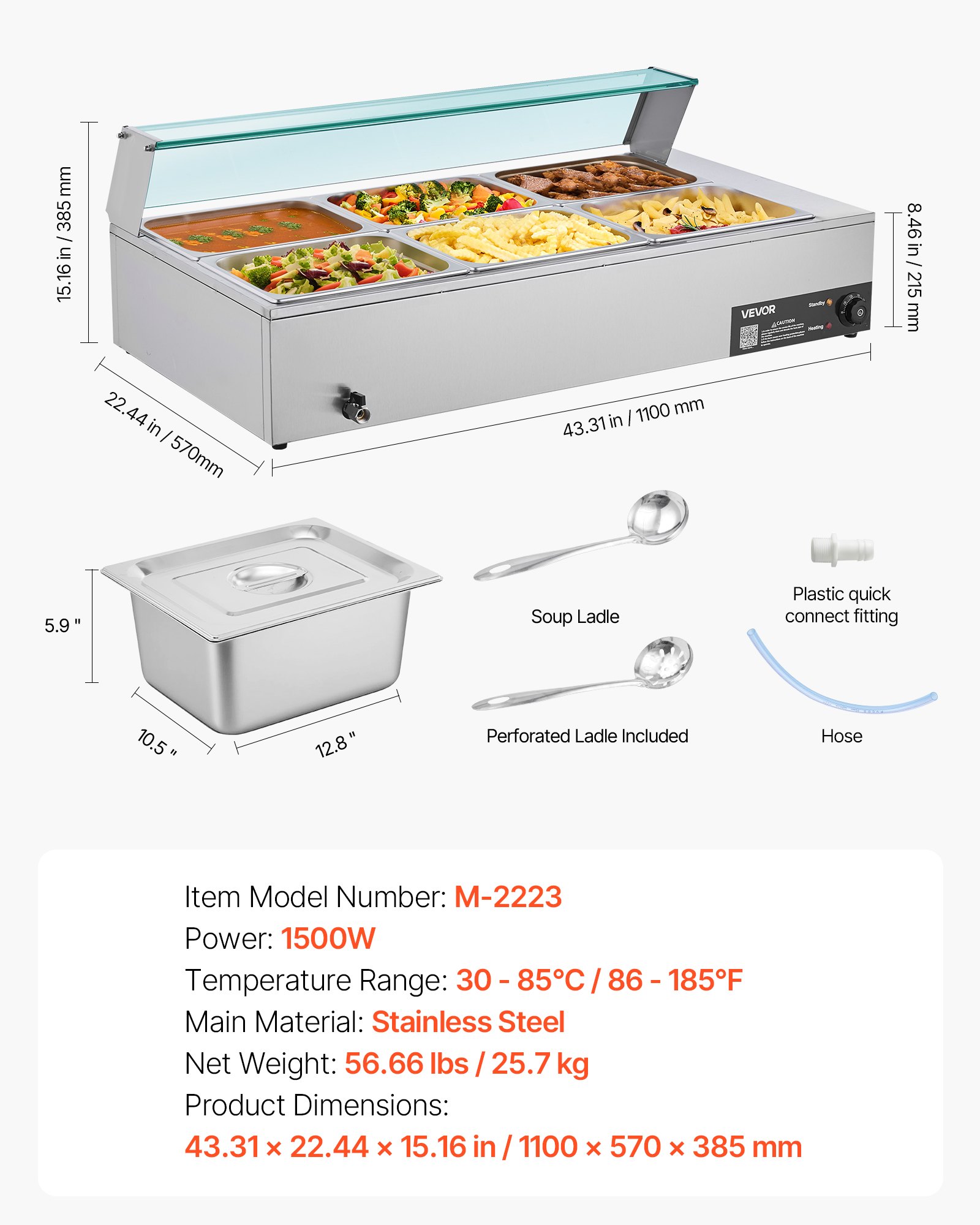 VEVOR Commercial Food Warmer, 1500W Electric Stainless Steel Steam Food Warmer with Glass Cover, 6 x 1/2 Size Pans Buffet Bain Marie with Soup & Perforated Ladles, for Catering, Restaurant & Party