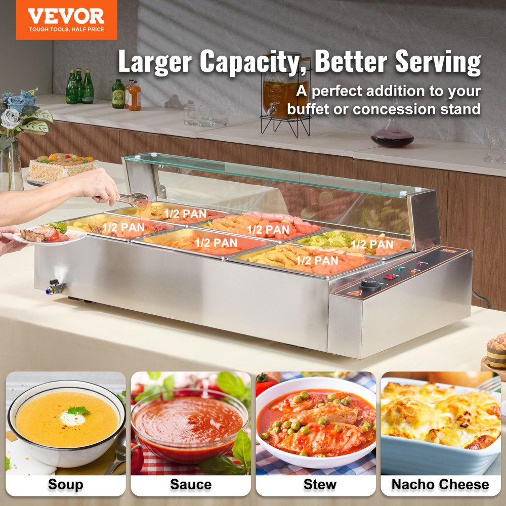 VEVOR 6-Pan Commercial Food Warmer, 6 x 8QT Electric Steam Table with Glass Cover, 1500W Countertop Stainless Steel Buffet Bain Marie 30 - 85℃ Temp Control for Catering, Restaurants, Silver