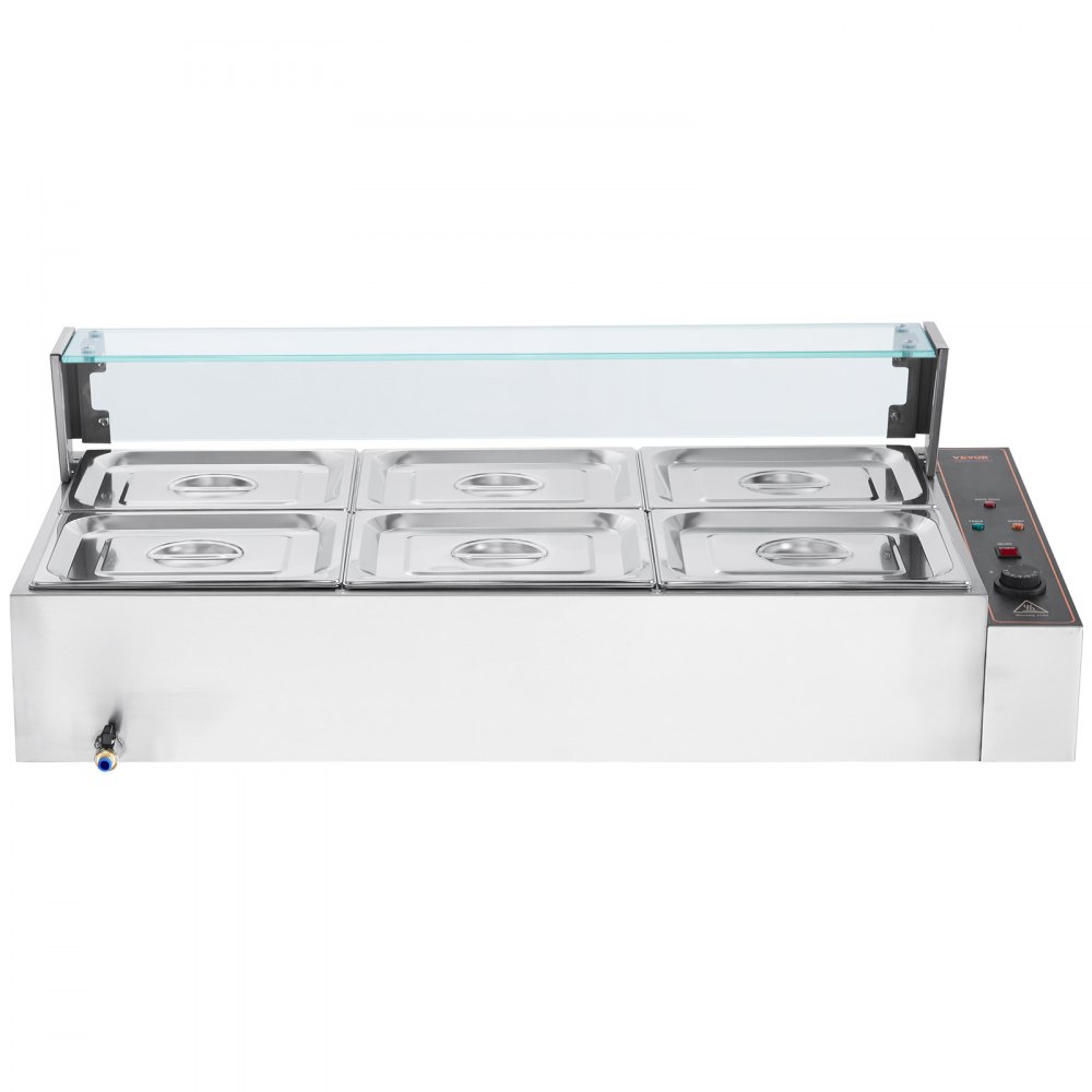 VEVOR 6-Pan Commercial Food Warmer, 6 x 8QT Electric Steam Table with Glass Cover, 1500W Countertop Stainless Steel Buffet Bain Marie 30 - 85℃ Temp Control for Catering, Restaurants, Silver