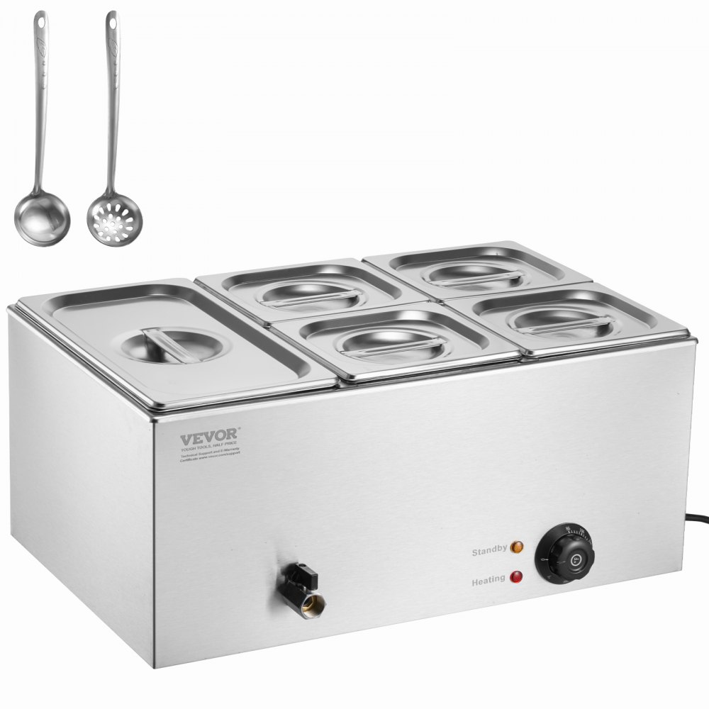 VEVOR Încălzitor electric de mâncare comercial cu 5 tigăi, bufet de blat, 14,5 L, Bain Marie