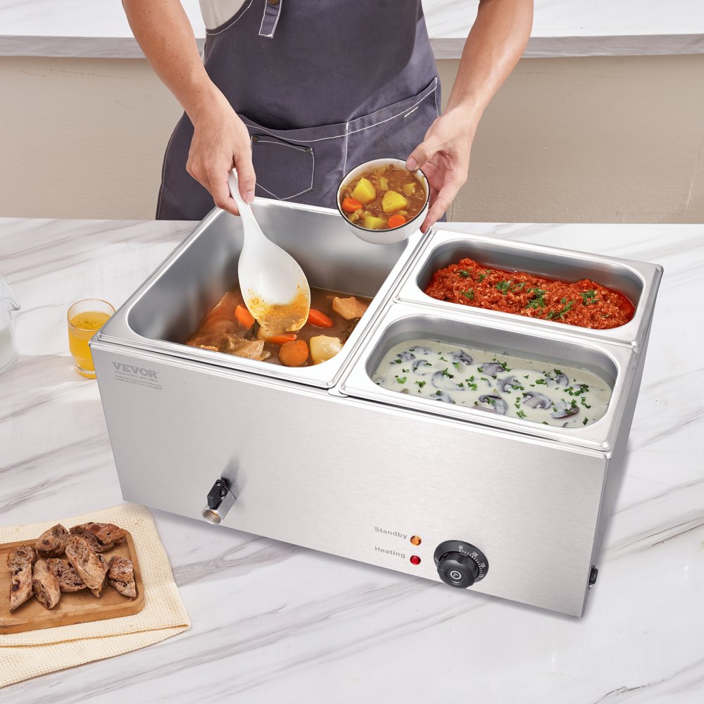 VEVOR Commercial Food Warmer, 3-Pan Electric Steam Table, 1200W Professional Countertop Stainless Steel Buffet Bain Marie with 30-85°C Temp Control for Catering, Buffet, Parties, Restaurants