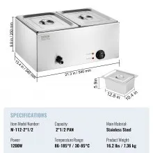 VEVOR Commercial Electric Food Warmer 2-Pan Countertop Buffet 24QT Bain Marie