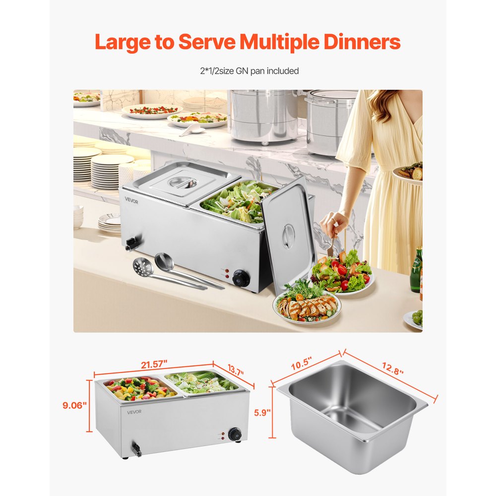 VEVOR Commercial Food Warmer, 2-Pan Electric Steam Table, 1200W Professional Countertop Stainless Steel Buffet Bain Marie with 30-85°C Temp Control for Catering, Buffet, Parties, Restaurants