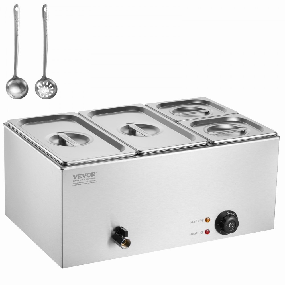 VEVOR Încălzitor electric de mâncare comercial cu 4 tigăi, bufet de blat, 15,5 L, Bain Marie