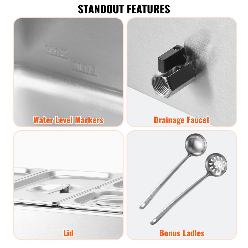 VEVOR 4-Pan Commercial Food Warmer, 15.5L Electric Steam Table, 1200W Professional Countertop Stainless Steel Buffet Bain Marie with 30 - 85℃ Temp Control for Catering and Restaurants, Silver