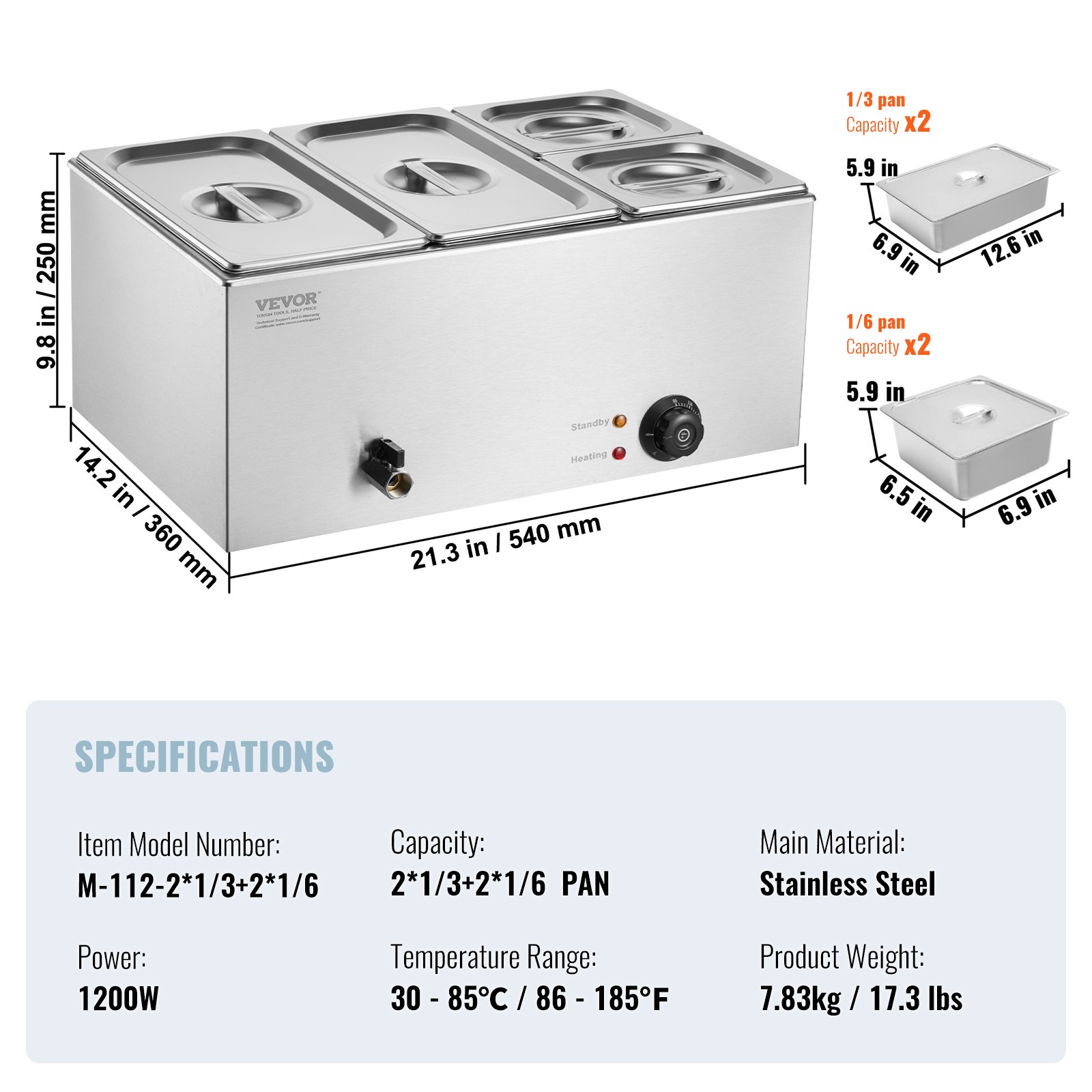 VEVOR 4-Pan Commercial Food Warmer, 15.5L Electric Steam Table, 1200W Professional Countertop Stainless Steel Buffet Bain Marie with 30 - 85℃ Temp Control for Catering and Restaurants, Silver