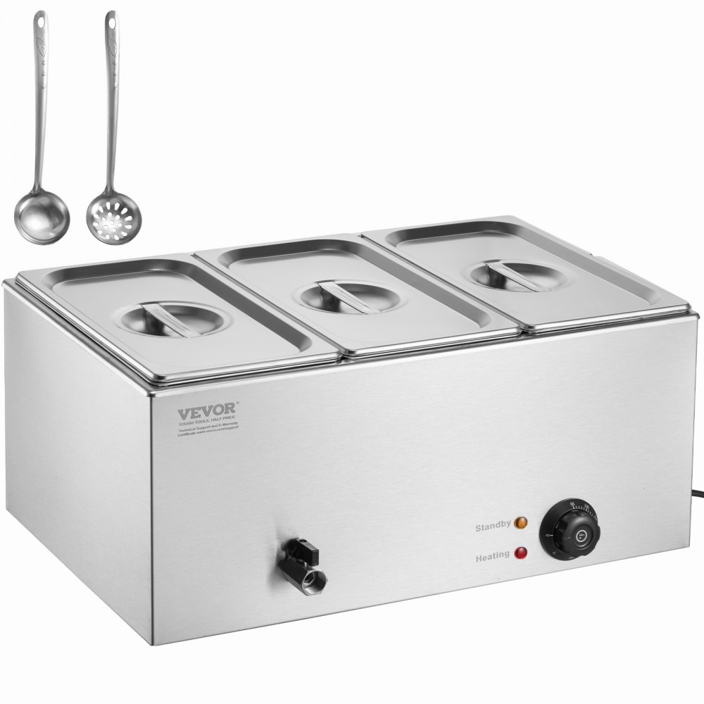 Calentador de alimentos eléctrico comercial VEVOR, 3 sartenes, encimera, buffet, 17,4 qt, baño maría