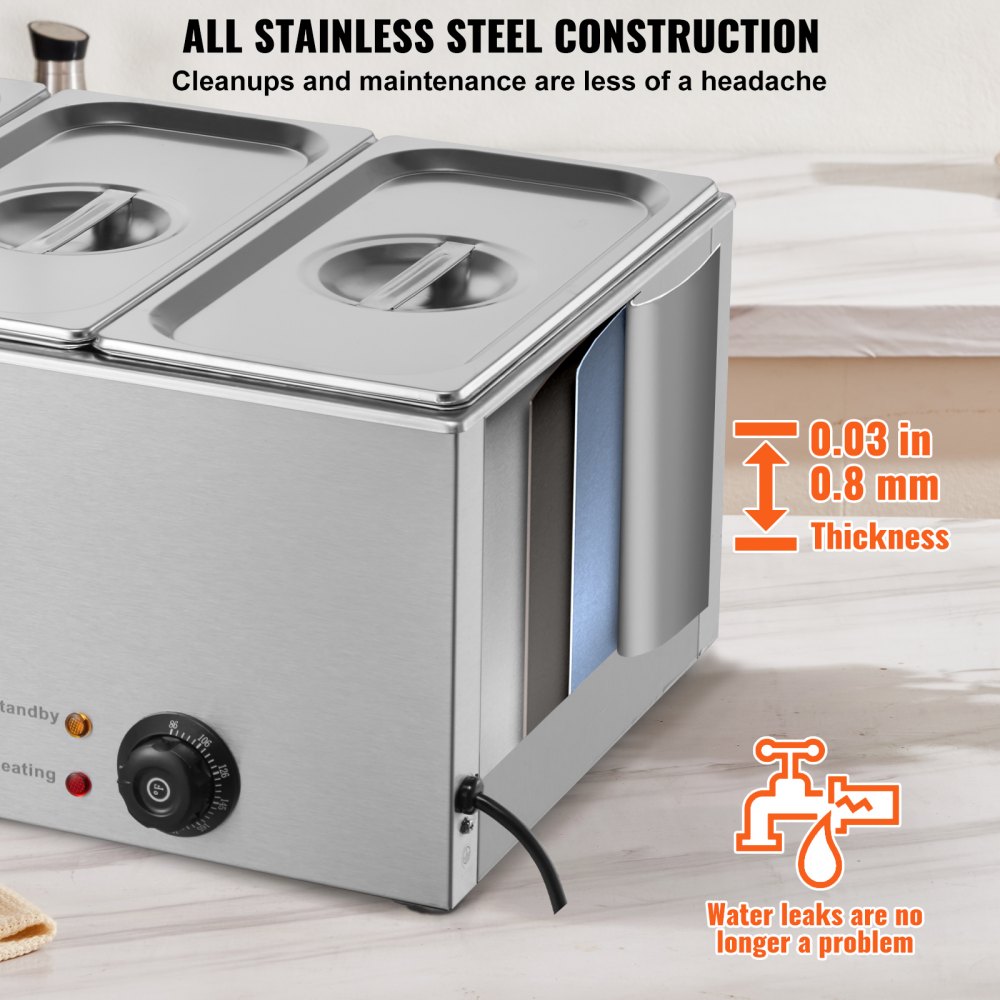 VEVOR 3-Pan Commercial Food Warmer, 16.5L Electric Steam Table, 1200W Professional Countertop Stainless Steel Buffet Bain Marie with 30 - 85℃ Temp Control for Catering and Restaurants, Silver