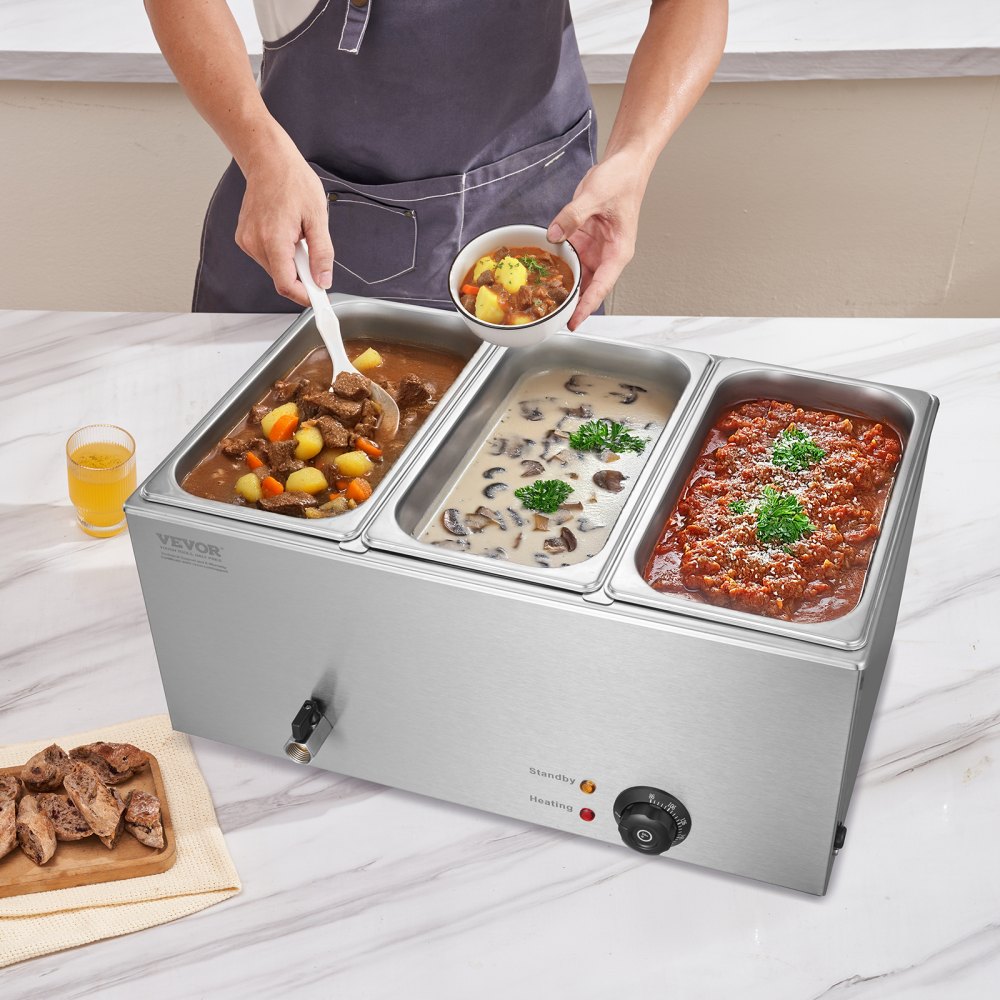 VEVOR 3-Pan Commercial Food Warmer, 16.5L Electric Steam Table, 1200W Professional Countertop Stainless Steel Buffet Bain Marie with 30 - 85℃ Temp Control for Catering and Restaurants, Silver
