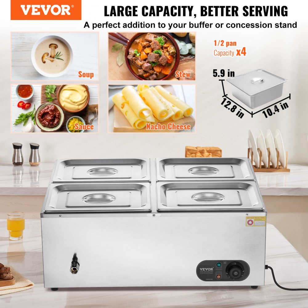 VEVOR 4-Pan Commercial Food Warmer, 4 x 8QT Electric Steam Table, 1500W Professional Countertop Stainless Steel Buffet Bain Marie with 86-185°F Temp Control for Catering and Restaurants, Silver
