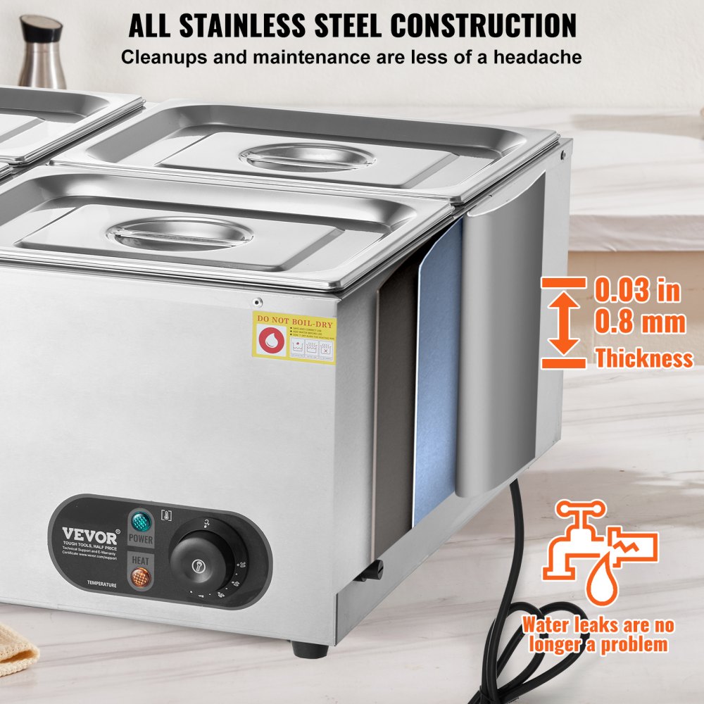 VEVOR 4-Pan Commercial Food Warmer, 4 x 8QT Electric Steam Table, 1500W Professional Countertop Stainless Steel Buffet Bain Marie with 86-185°F Temp Control for Catering and Restaurants, Silver