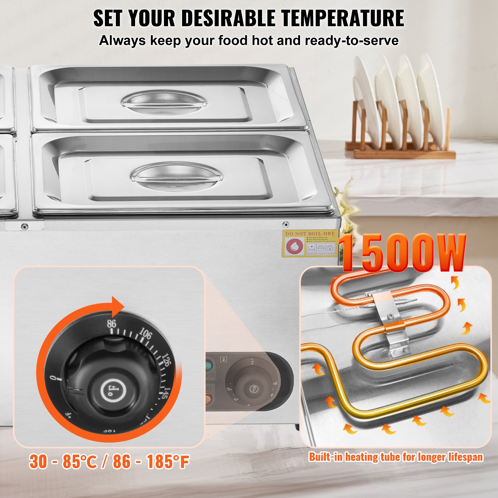 VEVOR 4-Pan Commercial Food Warmer, 4 x 8QT Electric Steam Table, 1500W Professional Countertop Stainless Steel Buffet Bain Marie with 86-185°F Temp Control for Catering and Restaurants, Silver