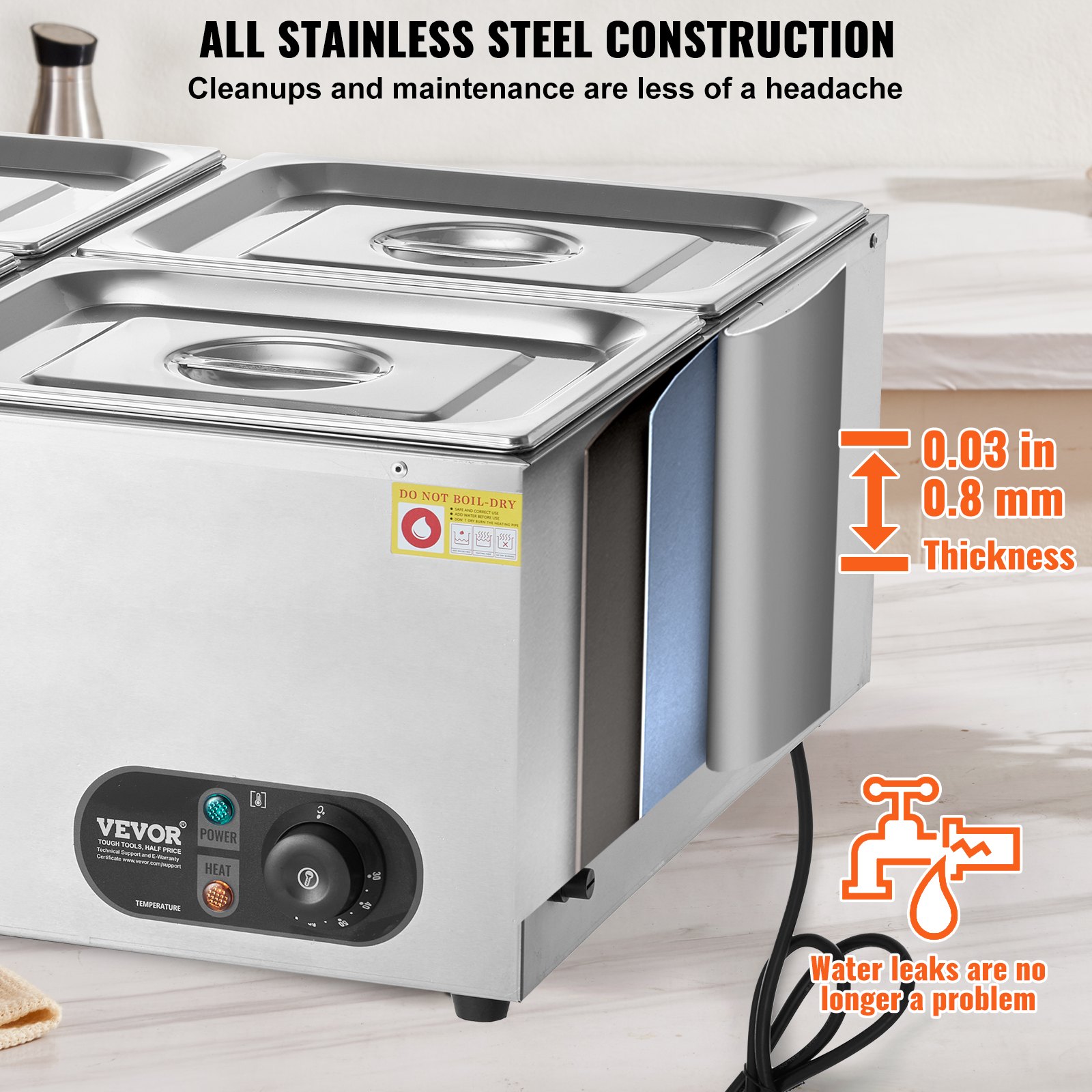 VEVOR 4-Pan Commercial Food Warmer, 4 x 8QT Electric Steam Table, 1500W Professional Countertop Stainless Steel Buffet Bain Marie with 86-185°F Temp Control for Catering and Restaurants, Silver