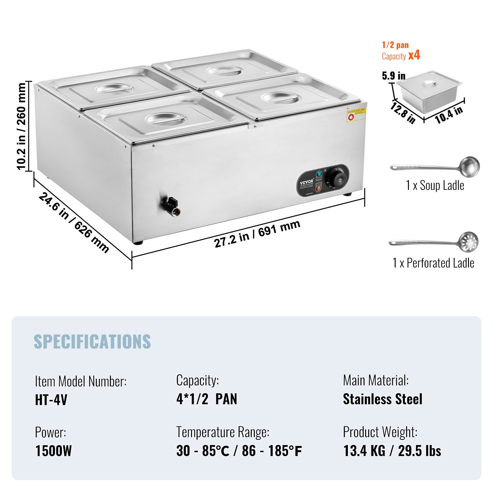 VEVOR 4-Pan Commercial Food Warmer, 4 x 8QT Electric Steam Table, 1500W Professional Countertop Stainless Steel Buffet Bain Marie with 86-185°F Temp Control for Catering and Restaurants, Silver