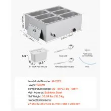 VEVOR Commercial Food Warmer 6-Pan 1500W Countertop Buffet Bain Marie with Lid