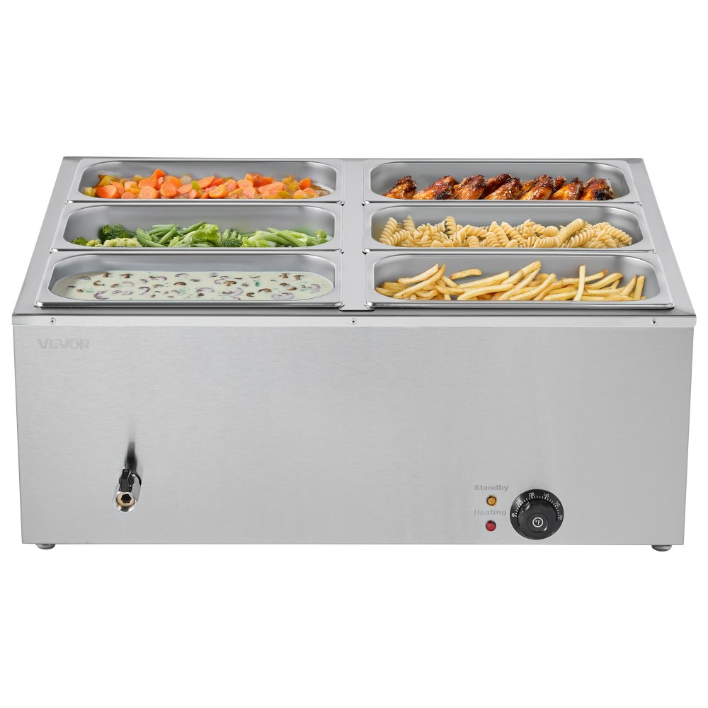 VEVOR Commercial Food Warmer, 1500W Electric Stainless Steel Steam Food Warmer with Lid, 6-Pan Fast Heating Countertop Buffet Bain Marie with Soup & Perforated Ladles, for Catering, Restaurant, Party
