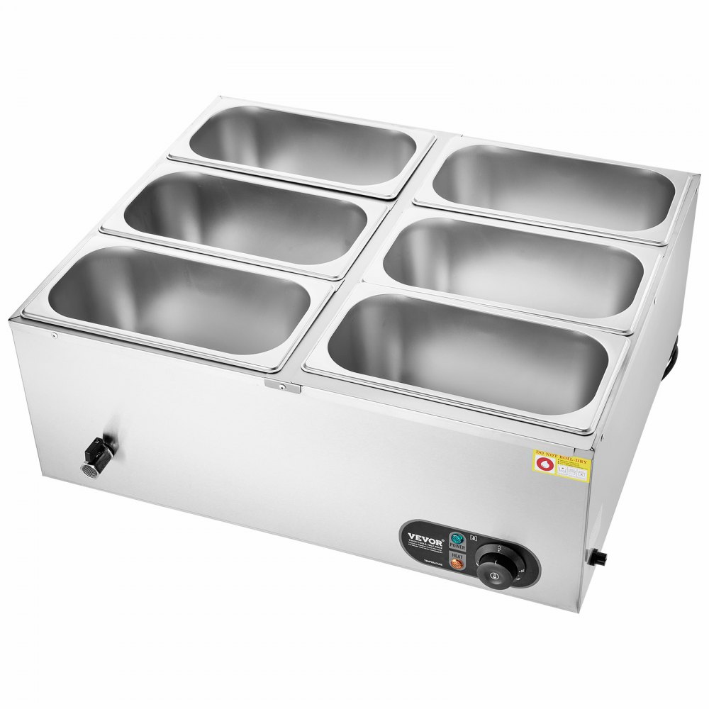 VEVOR 6-Pan Commercial Food Warmer, 6 x 5QT Electric Steam Table, 1500W Professional Countertop Stainless Steel Buffet Bain Marie with 30 - 85℃ Temp Control for Catering and Restaurants, Silver
