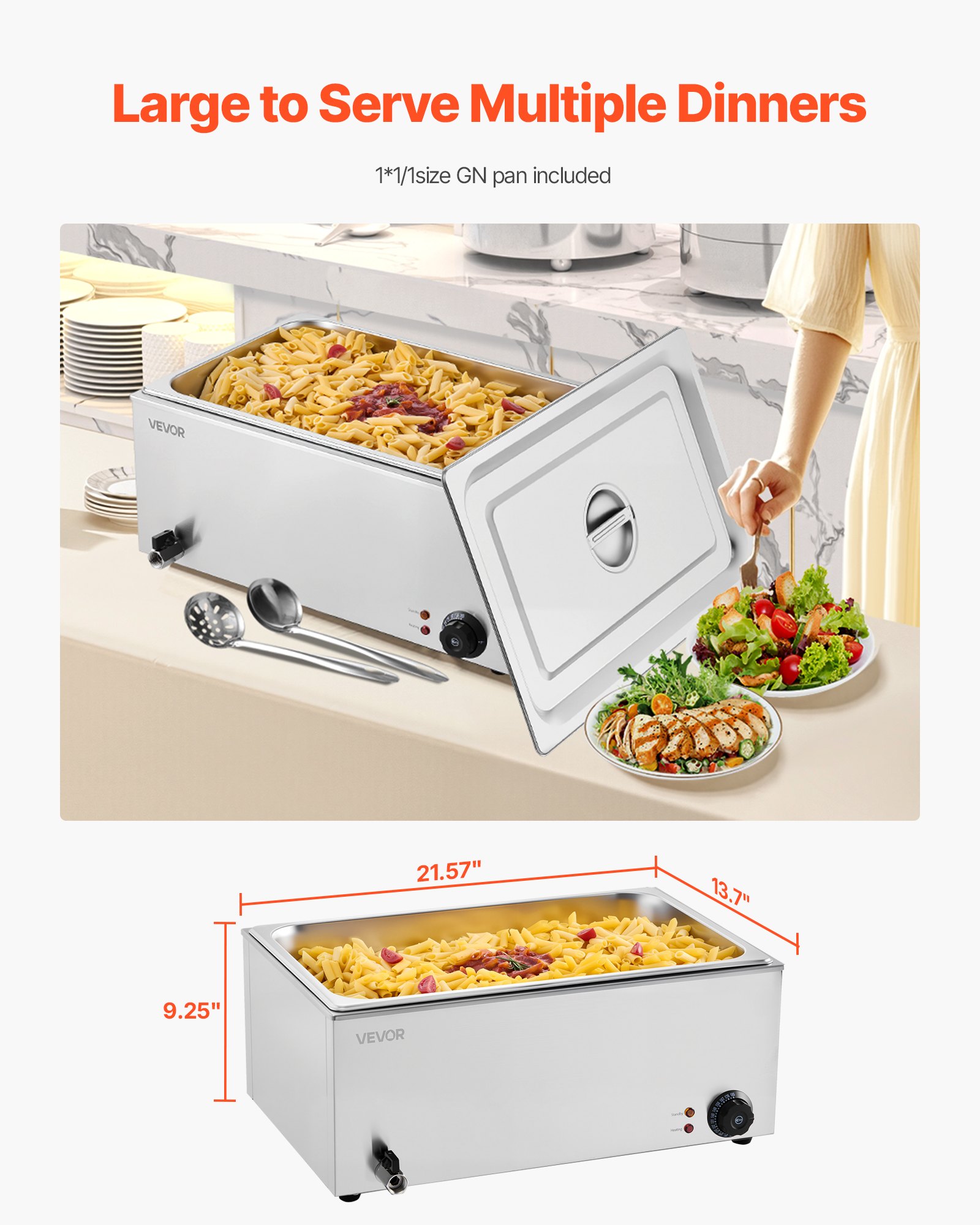VEVOR Commercial Food Warmer, Full-Size Pan Electric Steam Table, 1200W Professional Countertop Stainless Steel Buffet Bain Marie with 30-85°C Temp Control for Catering, Buffet, Parties, Restaurants