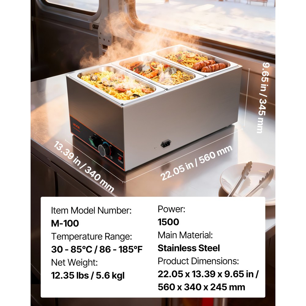 VEVOR Commercial Food Warmer, 1500W Electric Stainless Steel Steam Food Warmer, Fast Heating Countertop Buffet Bain Marie with Power Cord & Divider Strip, for Catering, Restaurants, Parties, Buffets