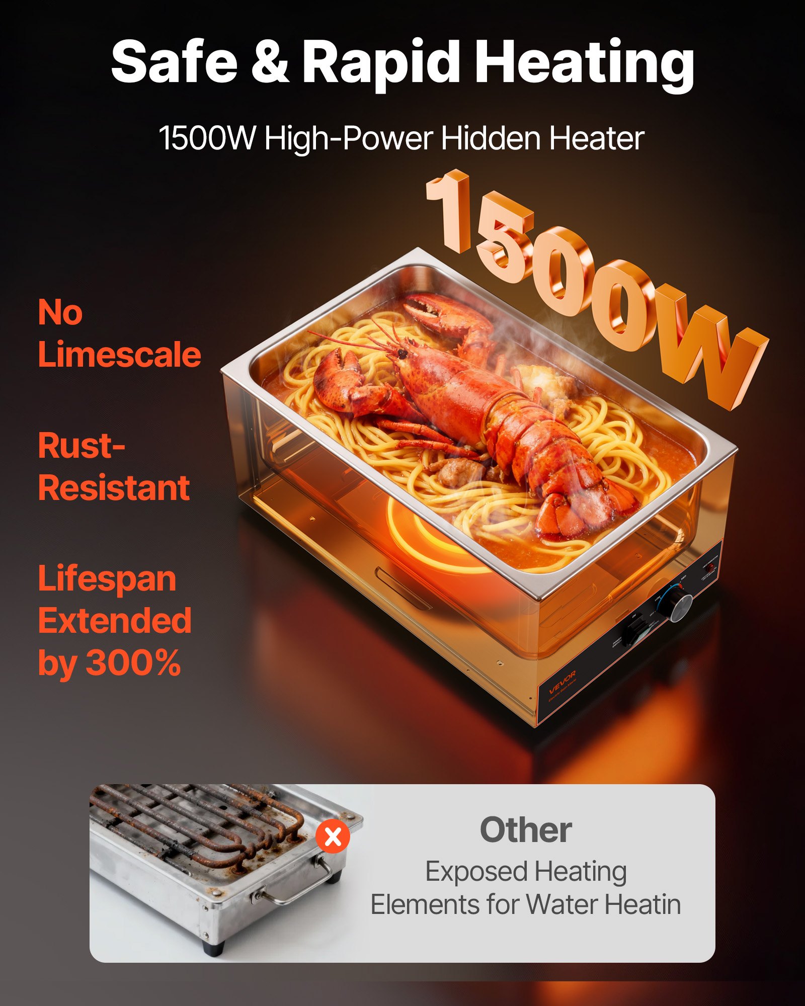 VEVOR Commercial Food Warmer, 1500W Electric Stainless Steel Steam Food Warmer, Fast Heating Countertop Buffet Bain Marie with Power Cord & Divider Strip, for Catering, Restaurants, Parties, Buffets