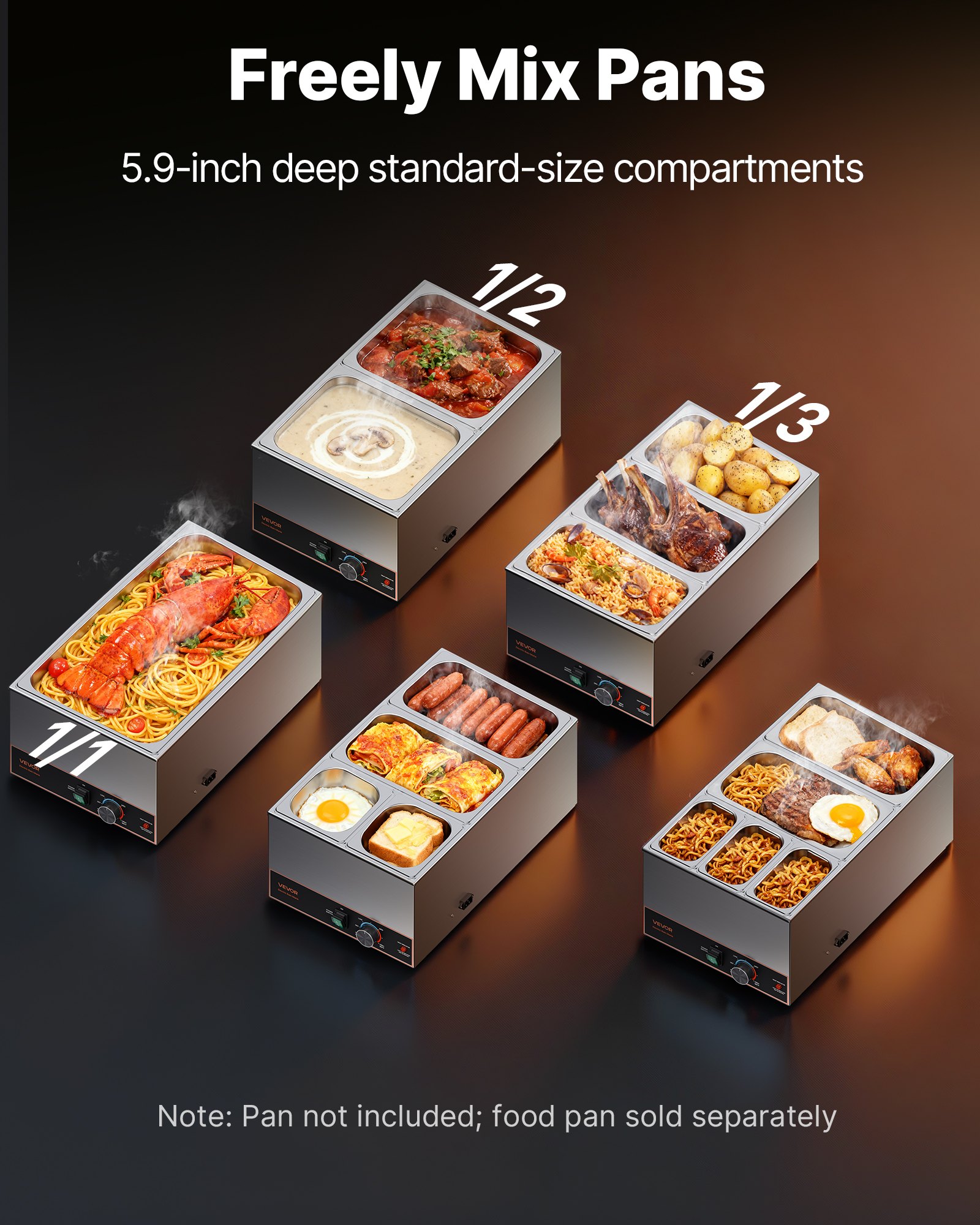 VEVOR Commercial Food Warmer, 1500W Electric Stainless Steel Steam Food Warmer, Fast Heating Countertop Buffet Bain Marie with Power Cord & Divider Strip, for Catering, Restaurants, Parties, Buffets