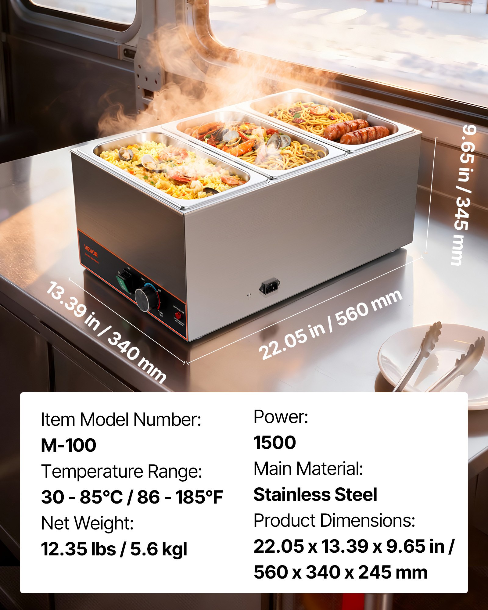 VEVOR Commercial Food Warmer, 1500W Electric Stainless Steel Steam Food Warmer, Fast Heating Countertop Buffet Bain Marie with Power Cord & Divider Strip, for Catering, Restaurants, Parties, Buffets