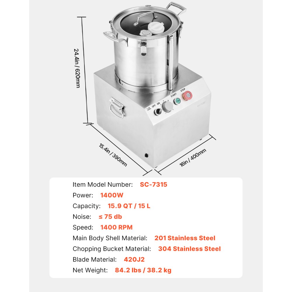 VEVOR Food Processor & Vegetable Chopper, 15L Food-Grade Stainless Steel Food Processor Chopper with 2 Extra S-Curve Blades, Ideal for Chopping Vegetables, Fruit, Grains, Nuts