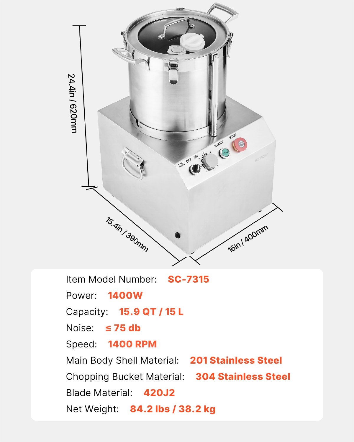 VEVOR Food Processor & Vegetable Chopper, 15L Food-Grade Stainless Steel Food Processor Chopper with 2 Extra S-Curve Blades, Ideal for Chopping Vegetables, Fruit, Grains, Nuts
