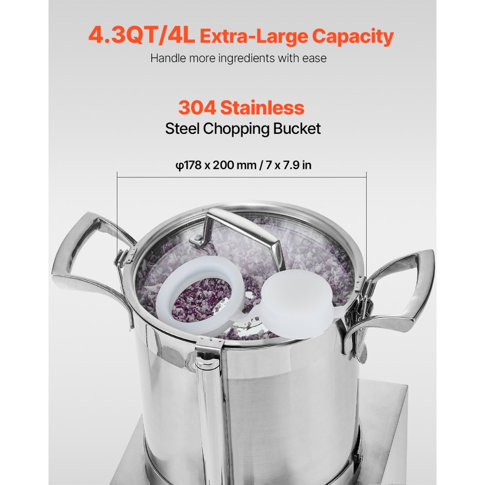 VEVOR Food Processor & Vegetable Chopper, 4L Food-Grade Stainless Steel Food Processor Chopper with 2 Extra S-Curve Blades, Ideal for Chopping Vegetables, Fruit, Grains, Nuts
