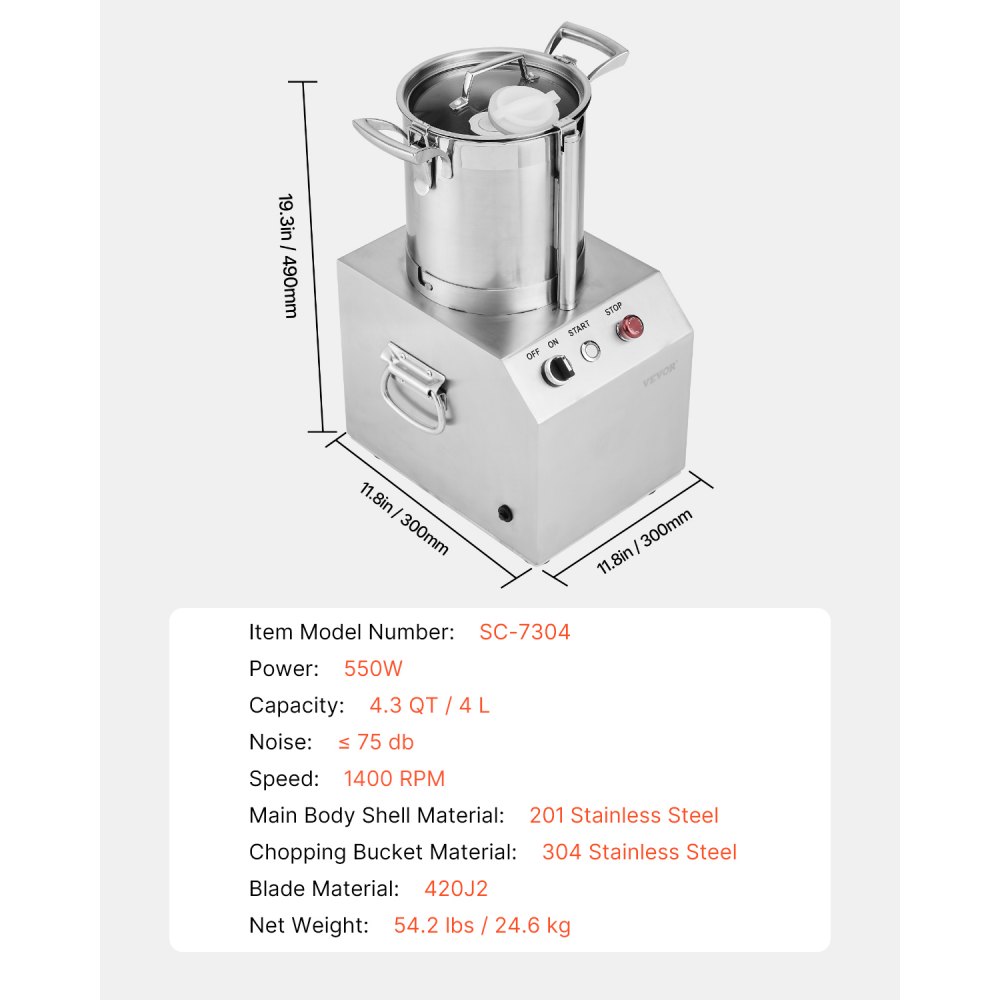 VEVOR Food Processor & Vegetable Chopper, 4L Food-Grade Stainless Steel Food Processor Chopper with 2 Extra S-Curve Blades, Ideal for Chopping Vegetables, Fruit, Grains, Nuts