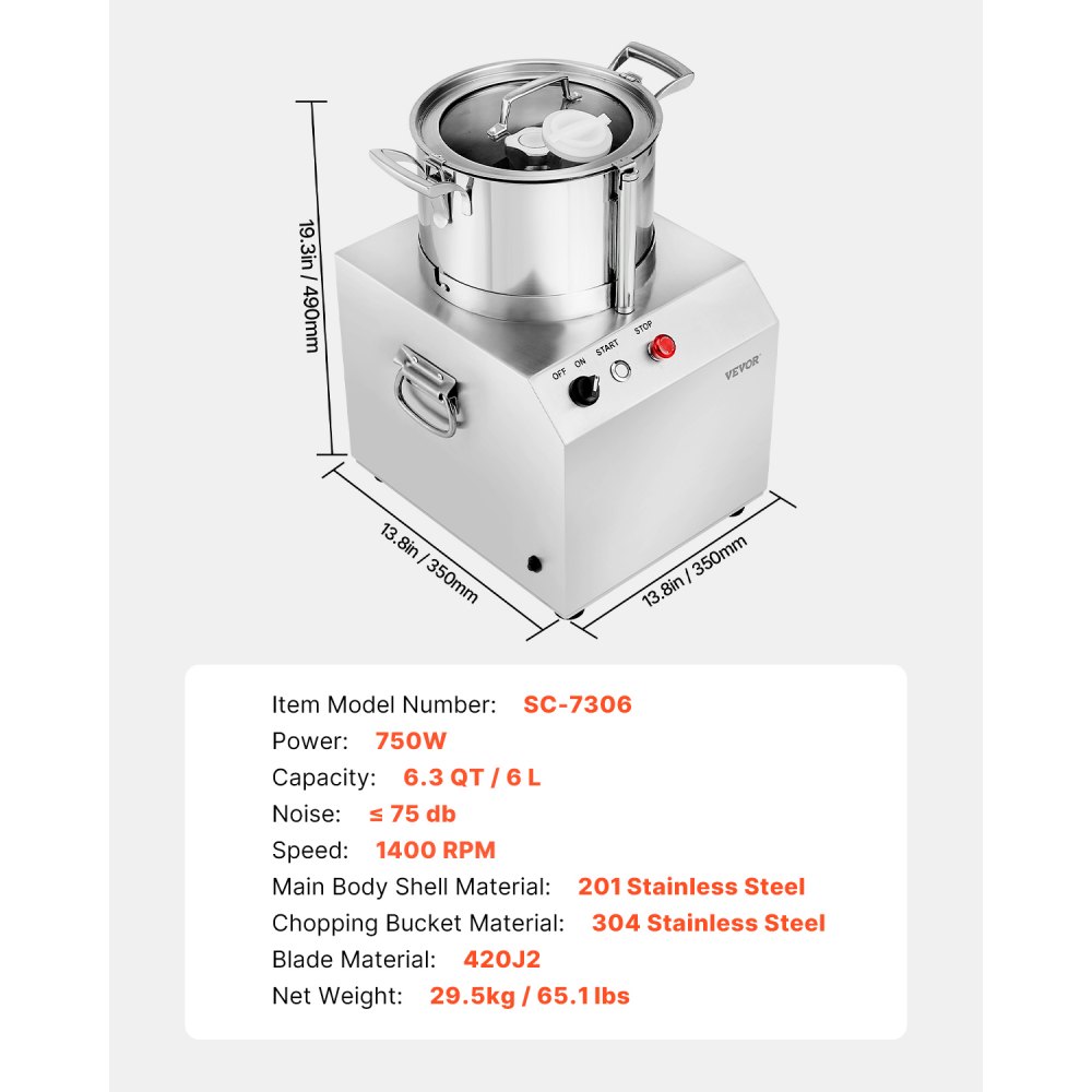 VEVOR Food Processor & Vegetable Chopper, 6L Food-Grade Stainless Steel Food Processor Chopper with 2 Extra S-Curve Blades, Ideal for Chopping Vegetables, Fruit, Grains, Nuts