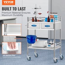 VEVOR Laboratorní servírovací vozík, 2vrstvý nerezový pojízdný vozík, lékařský vozík se dvěma zásuvkami, stomatologický vozík s uzamykatelnými kolečky a kbelíkem, pro laboratoře, nemocnice, dentální použití