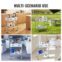VEVOR Lab Serving Cart, 2 Layers Stainless Steel Utility Rolling Cart, Medical Cart with Two Drawers, Dental Utility Cart with Lockable Wheels and A Bucket, for Laboratory, Hospital, Dental Use