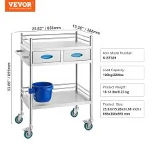 VEVOR Lab Serving Cart, 2 Layers Stainless Steel Utility Rolling Cart, Medical Cart with Two Drawers, Dental Utility Cart with Lockable Wheels and A Bucket, for Laboratory, Hospital, Dental Use
