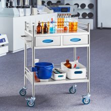 VEVOR Lab Serving Cart, 2 Layers Stainless Steel Utility Rolling Cart, Medical Cart with Two Drawers, Dental Utility Cart with Lockable Wheels and A Bucket, for Laboratory, Hospital, Dental Use