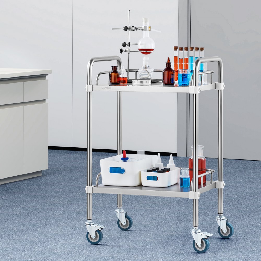 Laboratorní vozík VEVOR, 2-policový vozík z nerezové oceli, laboratorní servírovací vozík s otočnými kolečky, stomatologický vozík pro kliniku, laboratoř, nemocnici, salon, 15,16" x 21,57" x 34,06