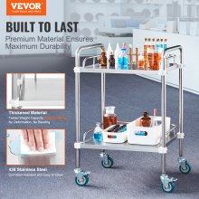 VEVOR Lab Rolling Cart, 2-Shelf Stainless Steel Rolling Cart, Lab Serving Cart with Swivel Casters, Dental Utility Cart for Clinic, Lab,  Hospital, Salon, 15.16"x21.57"x34.06"