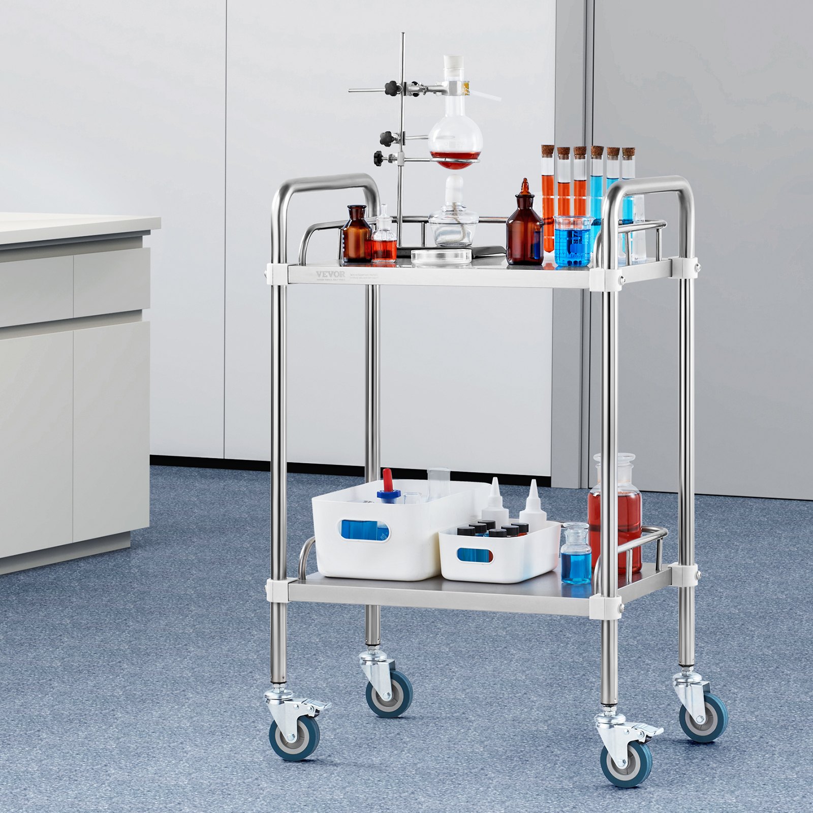 Laboratorní vozík VEVOR, 2-policový vozík z nerezové oceli, laboratorní servírovací vozík s otočnými kolečky, stomatologický vozík pro kliniku, laboratoř, nemocnici, salon, 15,16" x 21,57" x 34,06